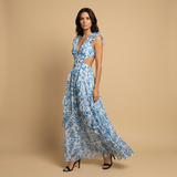 Vestido Largo Floral Volantes Hombro Cut-out Cintura Abertura Alta Mujer