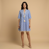 Vestido Corto Túnica Estampado Geométrico Borlas Artesanales Mujer