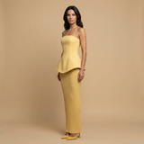 Vestido Largo Palabra Honor Peplum Falda Acanalada Mujer