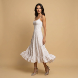 Vestido Midi Corset Tirantes Finos Volante Bajo Pétalos Mujer