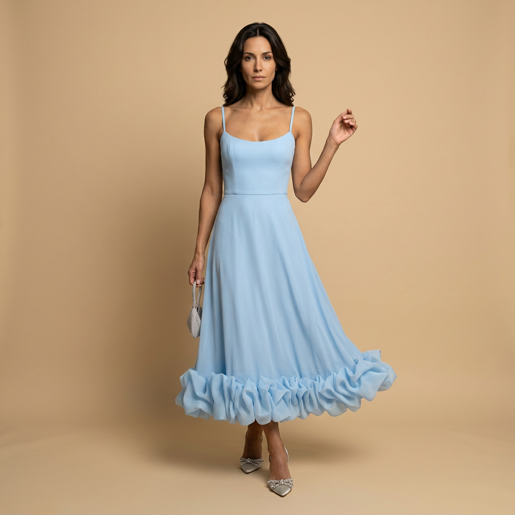 Vestido Midi Corset Tirantes Finos Volante Bajo Pétalos Mujer
