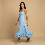 Vestido Midi Corset Tirantes Finos Volante Bajo Pétalos Mujer