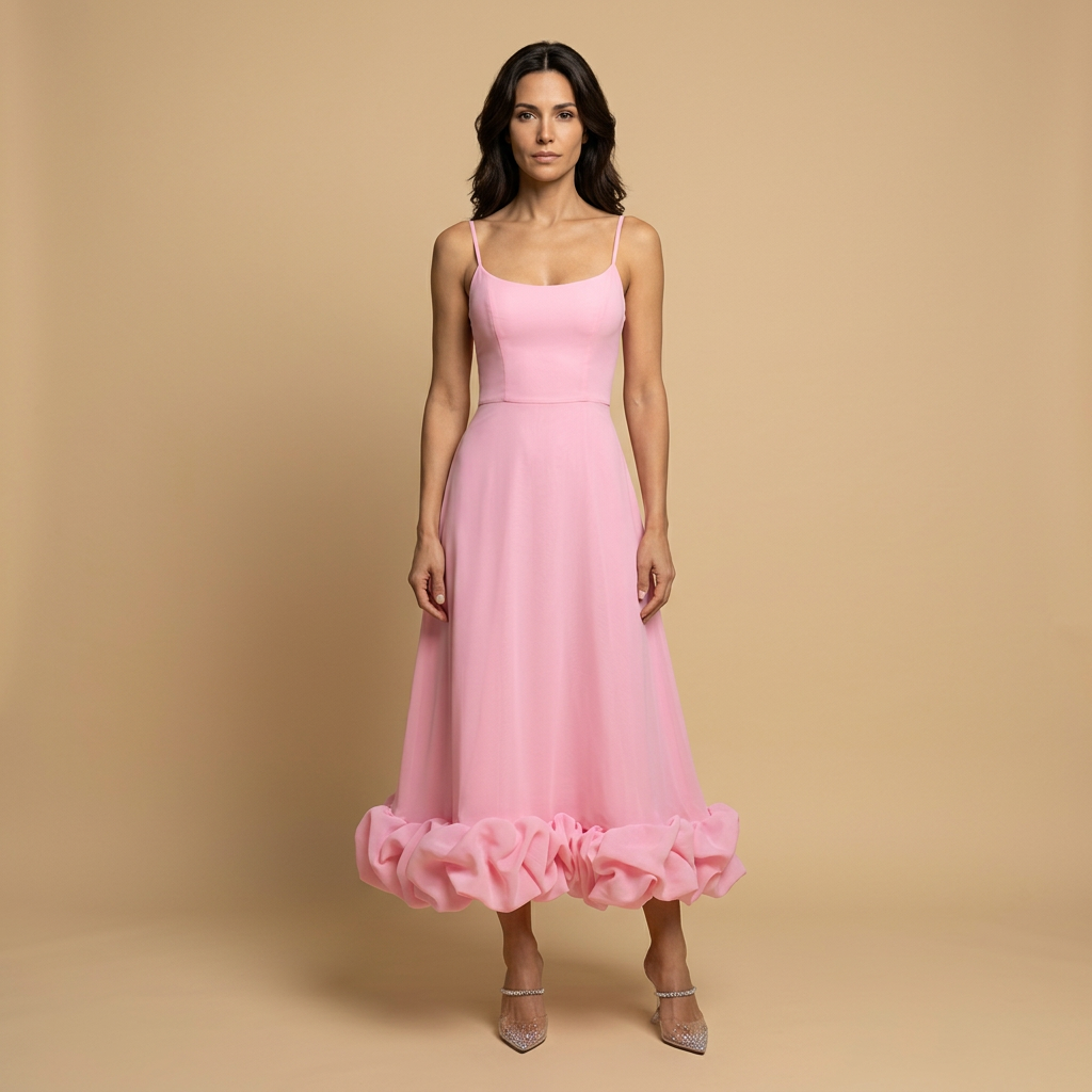 Vestido Midi Corset Tirantes Finos Volante Bajo Pétalos Mujer