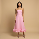Vestido Midi Corset Tirantes Finos Volante Bajo Pétalos Mujer