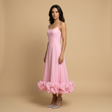 Vestido Midi Corset Tirantes Finos Volante Bajo Pétalos Mujer