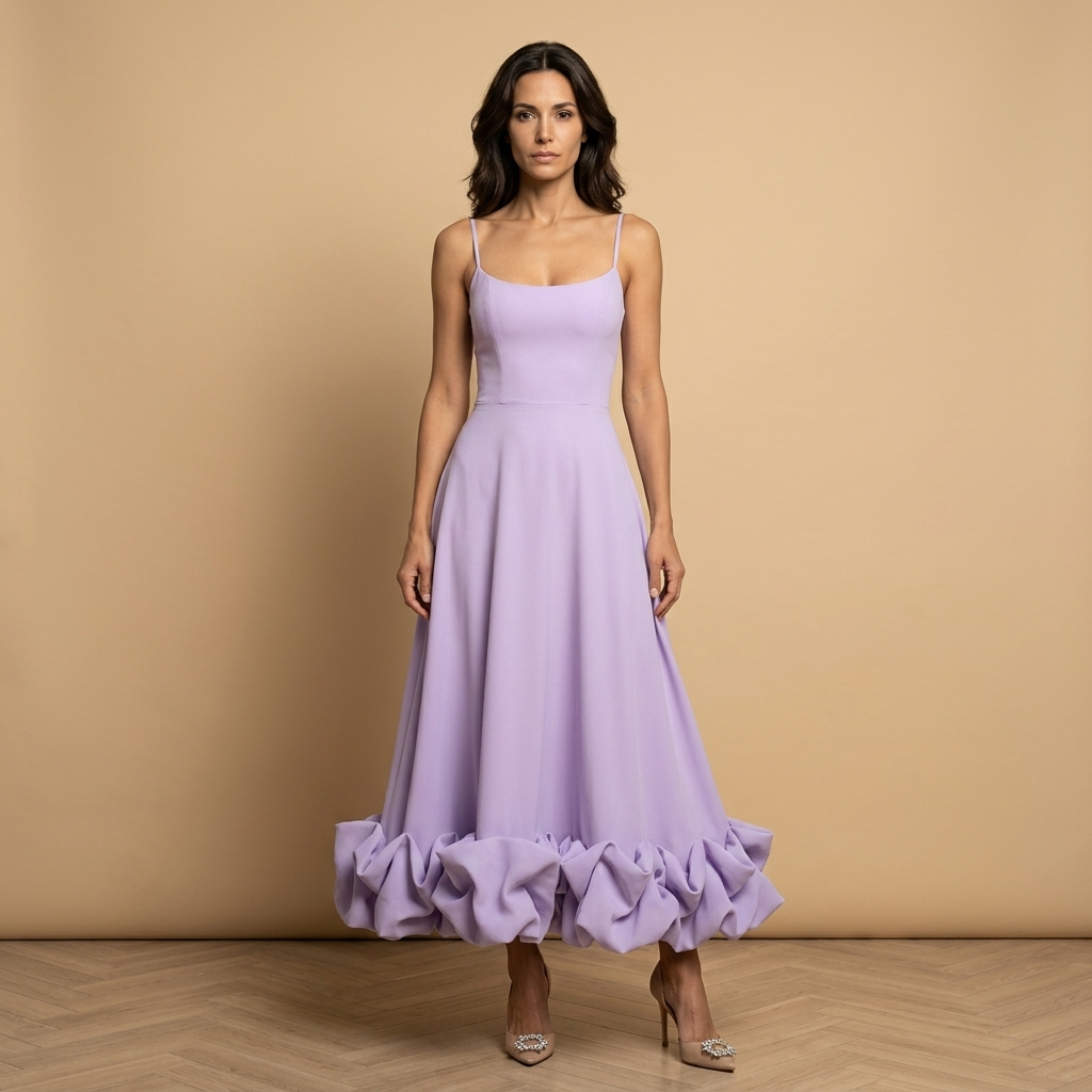 Vestido Midi Corset Tirantes Finos Volante Bajo Pétalos Mujer