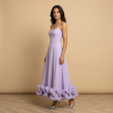 Vestido Midi Corset Tirantes Finos Volante Bajo Pétalos Mujer