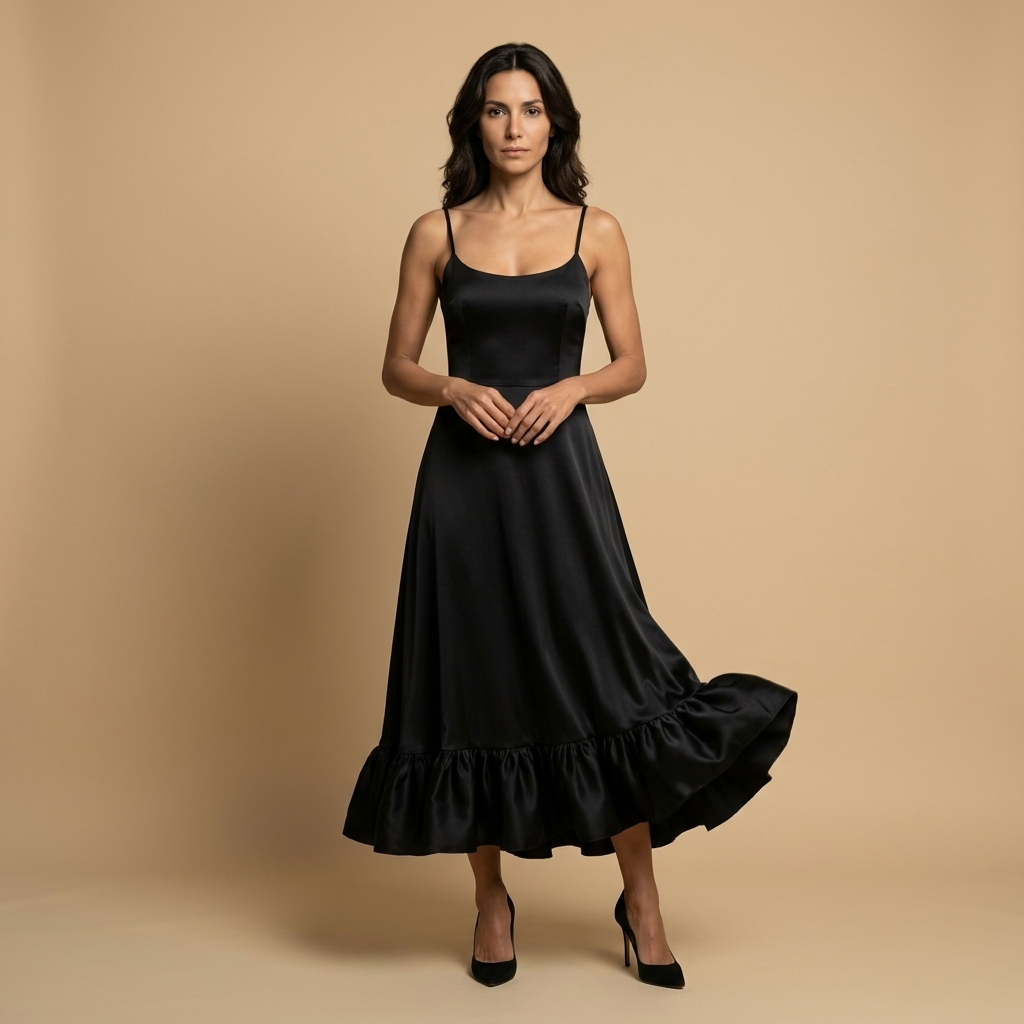 Vestido Midi Corset Tirantes Finos Volante Bajo Pétalos Mujer