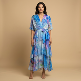 Vestido Midi Floral Acuarela Volantes Escalonados Manga Kimono Mujer