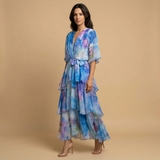 Vestido Midi Floral Acuarela Volantes Escalonados Manga Kimono Mujer