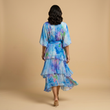 Vestido Midi Floral Acuarela Volantes Escalonados Manga Kimono Mujer
