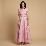 Vestido Largo Brocado Floral Manga Globo Cinturón Integrado Mujer