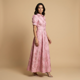 Vestido Largo Brocado Floral Manga Globo Cinturón Integrado Mujer