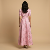 Vestido Largo Brocado Floral Manga Globo Cinturón Integrado Mujer