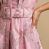 Vestido Largo Brocado Floral Manga Globo Cinturón Integrado Mujer