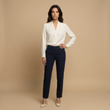 Blusa Crepé Escote V Pliegues Manga Larga Elegante Mujer