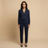 Blusa Crepé Escote V Pliegues Manga Larga Elegante Mujer