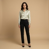 Blusa Satén Manga Larga Cuello Camisero Brillo Mujer