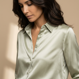 Blusa Satén Manga Larga Cuello Camisero Brillo Mujer