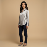 Blusa Satén Manga Larga Cuello Camisero Brillo Mujer