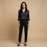 Blusa Satén Manga Larga Cuello Camisero Brillo Mujer