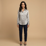 Blusa Satén Manga Larga Cuello Camisero Brillo Mujer
