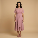 Vestido Midi Encaje Bordado Chifón Drapeado Asimétrico Mujer