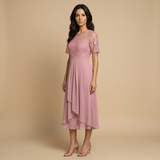 Vestido Midi Encaje Bordado Chifón Drapeado Asimétrico Mujer