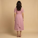 Vestido Midi Encaje Bordado Chifón Drapeado Asimétrico Mujer