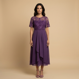 Vestido Midi Encaje Bordado Chifón Drapeado Asimétrico Mujer