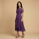 Vestido Midi Encaje Bordado Chifón Drapeado Asimétrico Mujer