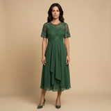 Vestido Midi Encaje Bordado Chifón Drapeado Asimétrico Mujer