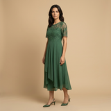 Vestido Midi Encaje Bordado Chifón Drapeado Asimétrico Mujer