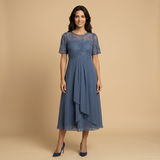 Vestido Midi Encaje Bordado Chifón Drapeado Asimétrico Mujer