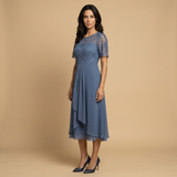 Vestido Midi Encaje Bordado Chifón Drapeado Asimétrico Mujer
