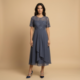 Vestido Midi Encaje Bordado Chifón Drapeado Asimétrico Mujer