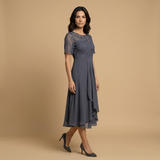 Vestido Midi Encaje Bordado Chifón Drapeado Asimétrico Mujer