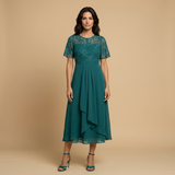 Vestido Midi Encaje Bordado Chifón Drapeado Asimétrico Mujer