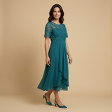 Vestido Midi Encaje Bordado Chifón Drapeado Asimétrico Mujer
