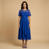 Vestido Midi Encaje Bordado Chifón Drapeado Asimétrico Mujer