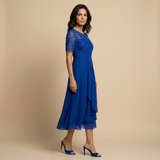 Vestido Midi Encaje Bordado Chifón Drapeado Asimétrico Mujer
