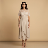Vestido Midi Encaje Bordado Chifón Drapeado Asimétrico Mujer