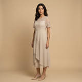 Vestido Midi Encaje Bordado Chifón Drapeado Asimétrico Mujer