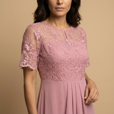 Vestido Midi Encaje Bordado Chifón Drapeado Asimétrico Mujer