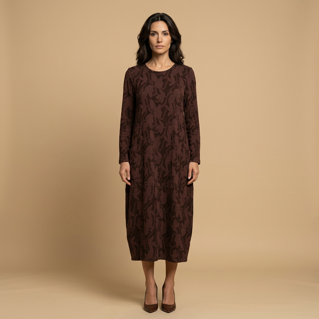 Vestido Midi Jacquard Manga Larga Bolsillos Mujer