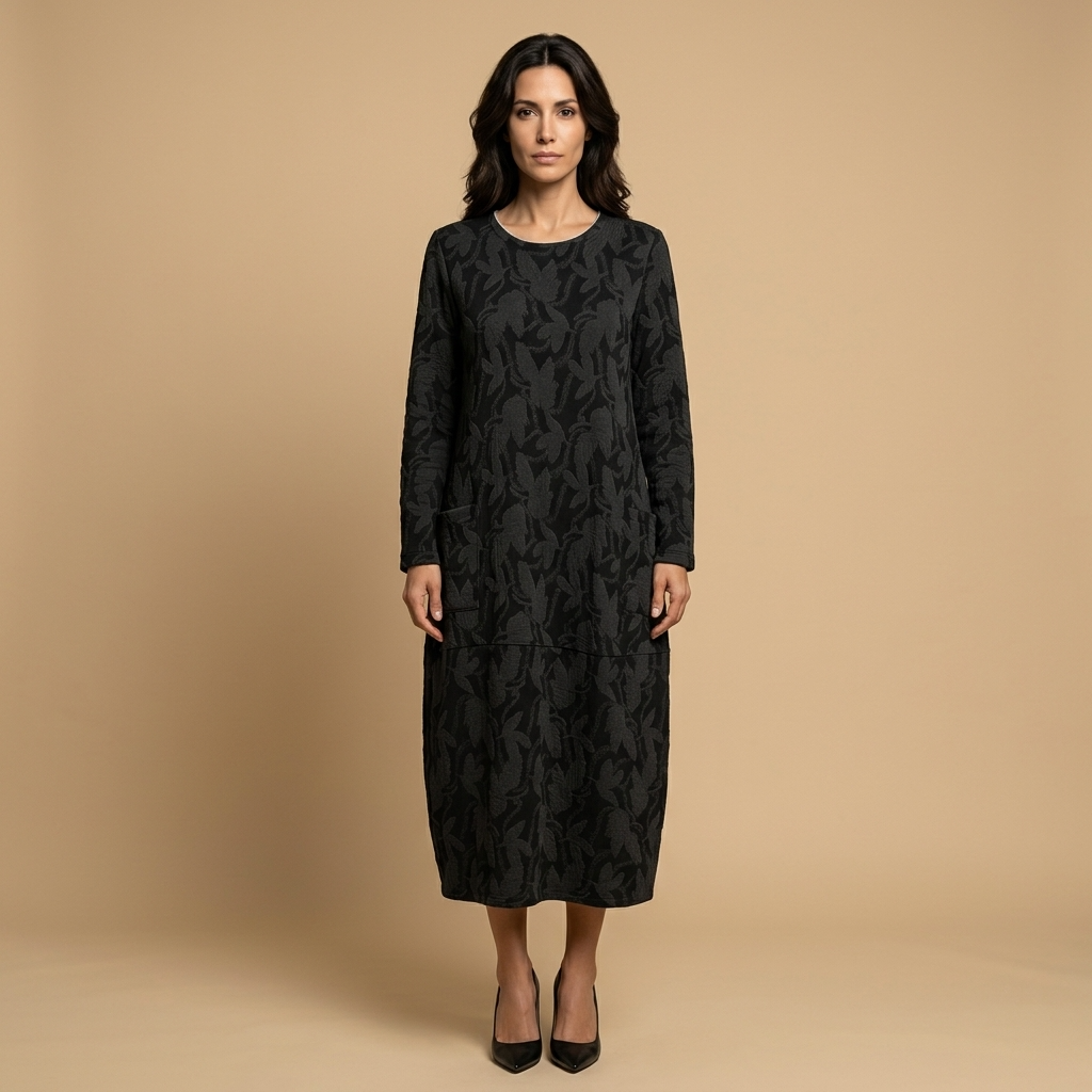Vestido Midi Jacquard Manga Larga Bolsillos Mujer
