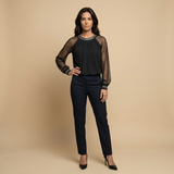 Top Elegante Mangas Transparentes Strass Cuello Joya Mujer