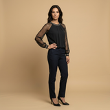 Top Elegante Mangas Transparentes Strass Cuello Joya Mujer
