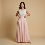 Vestido Largo Encaje Guipur Cuerpo Chifón Falda Vuelo Mujer