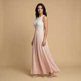 Vestido Largo Encaje Guipur Cuerpo Chifón Falda Vuelo Mujer